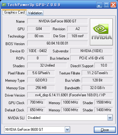 GPU-Z 0.0.9でのGF P86GT-GE/256D3